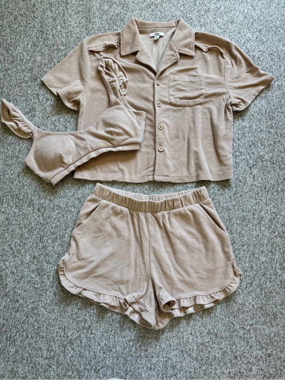 Bar III Beige 3-Piece Lounge & Sleep Set - Bralette, Button Shirt, Ruffle Shorts